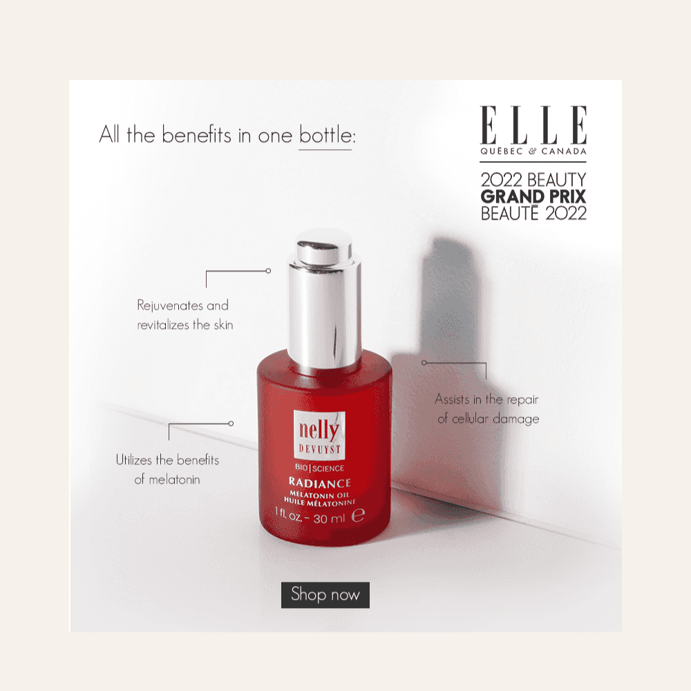 Nelly De Vuyst Radiance oil bottle, awarded 2022 Beauty Grand Prix by Elle Canada.