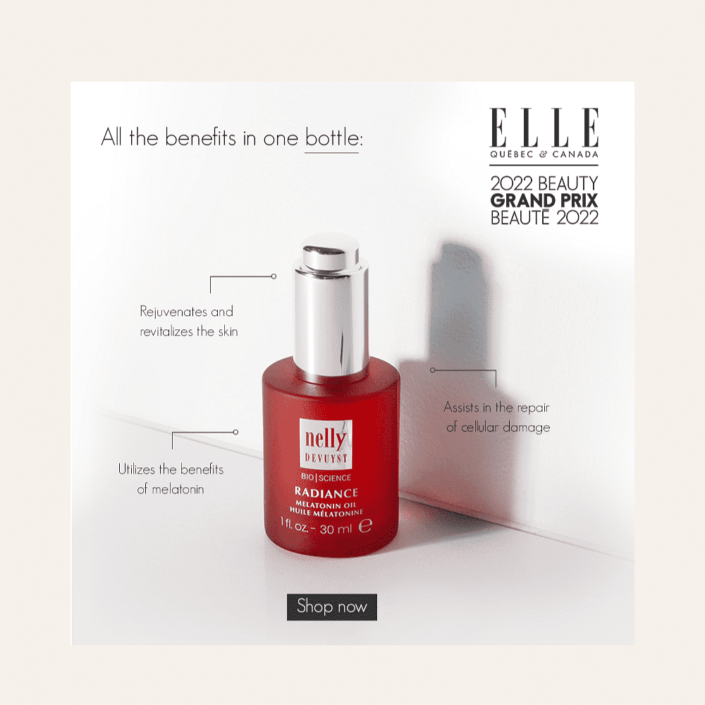 Nelly De Vuyst Radiance oil bottle, awarded 2022 Beauty Grand Prix by Elle Canada.